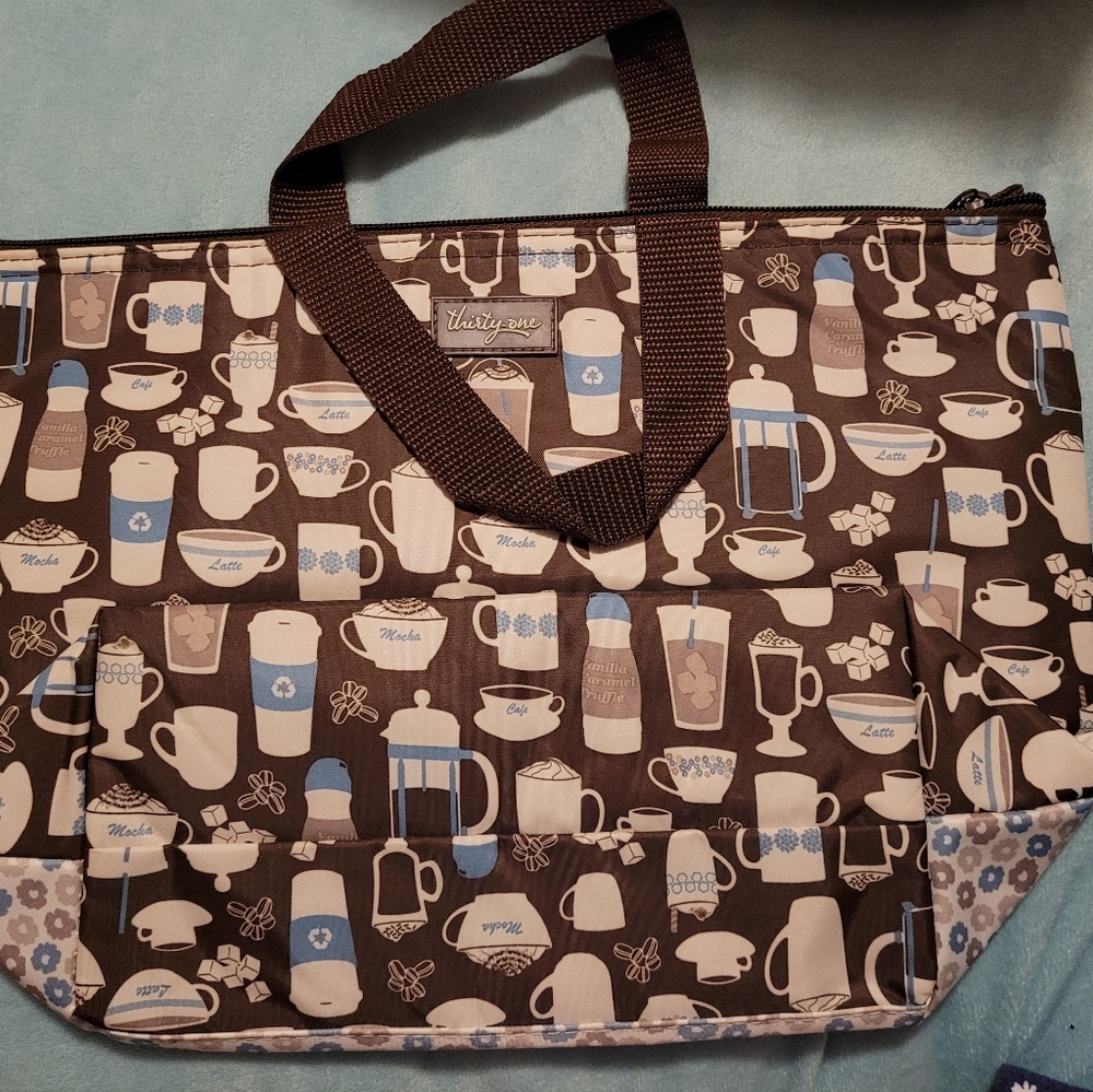 Thirty-One Coffee Print Tote in Brown and Blue